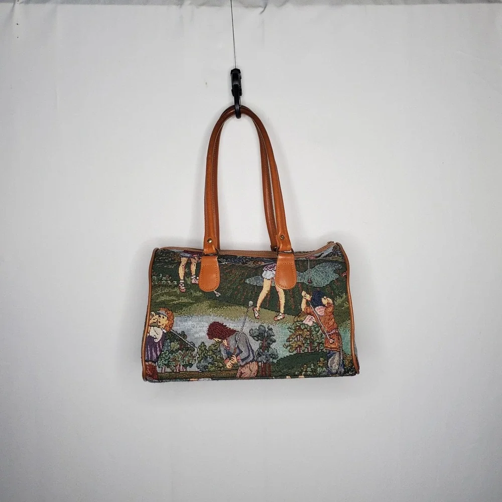 Tapestry Purse Handbag Golf Scene Sporty Vintage 2-Handle Zipper